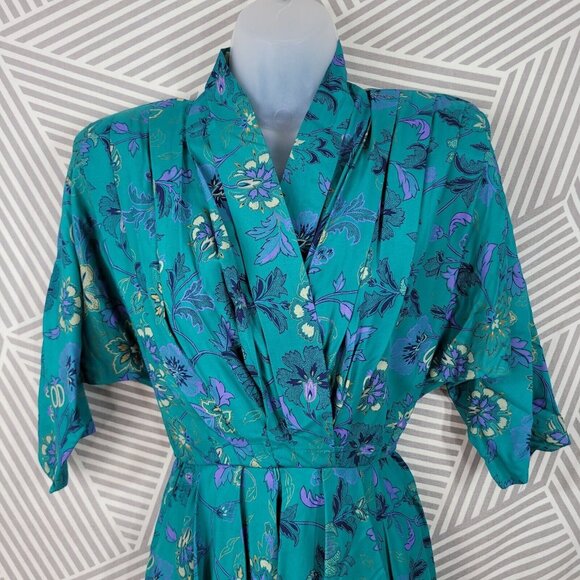Vintage 80/90s Shirt Wrap Top Dress size 6/8 Floral Cottagecore Alt Teal Blue - Picture 3 of 8